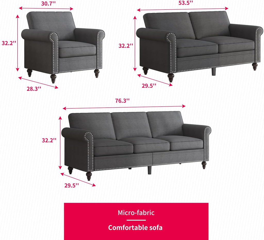 3PCS Sofa Set ,Modern Linen Couch Set with Nailhead Trim Design, Living Room Furniture Set (Sofa & Loveseat &