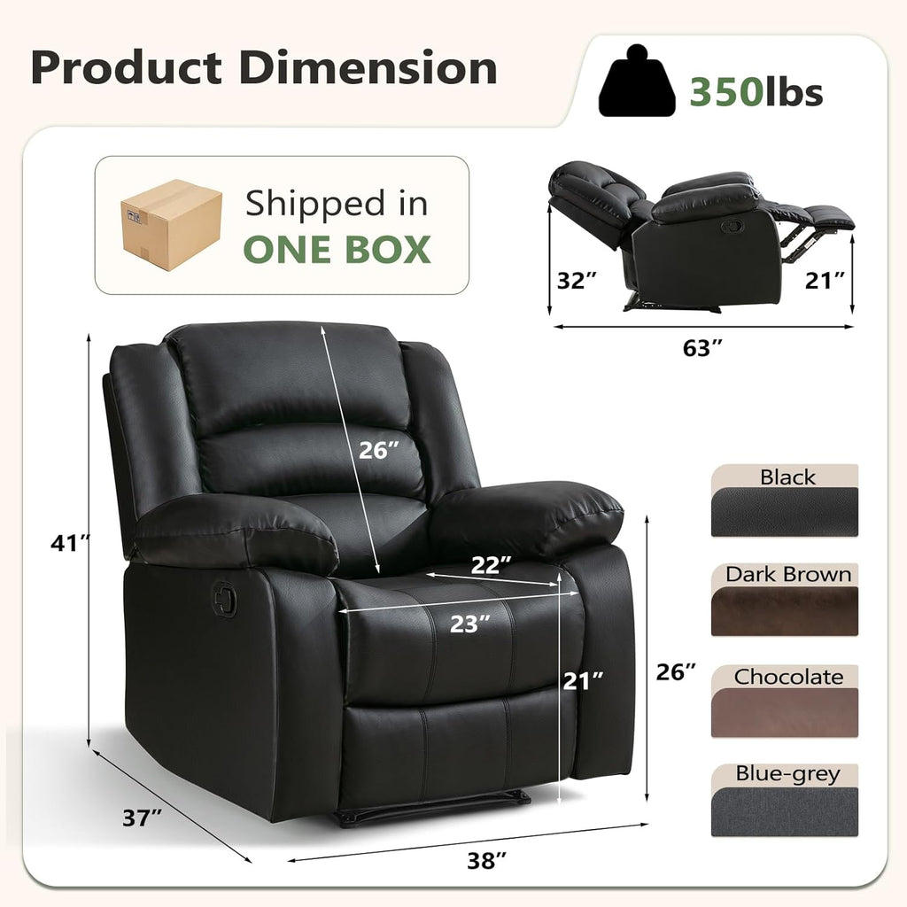 Black Recliner Chair with Overstuffed Arm and Back, Breathable Faux Leather Manual Reclining Chairs, Living Room