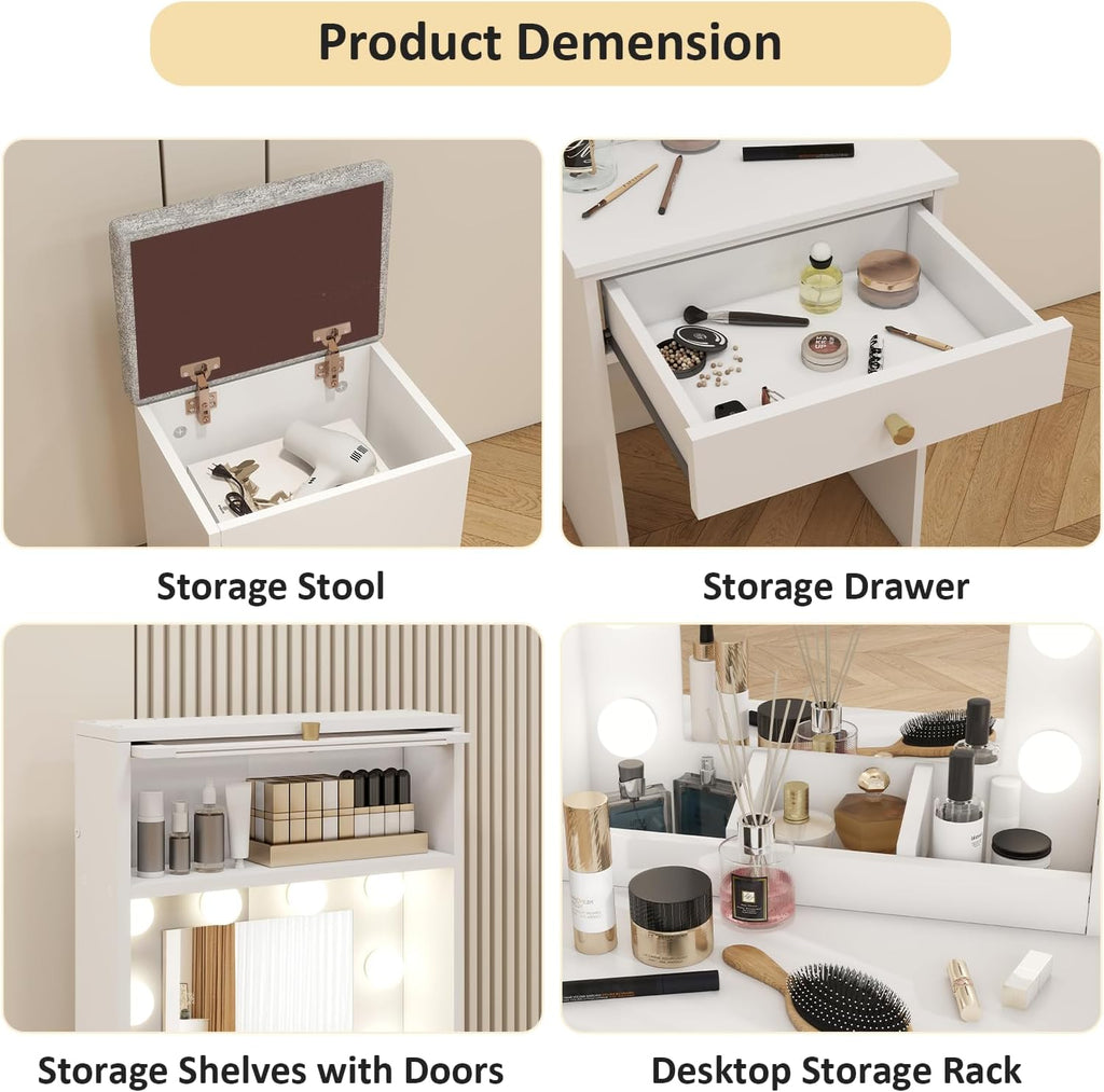 Small Vanity with Mirror & RGB Light White Makeup Set | Table Storage Rack, Mini Vanity with Storage Chair, Space