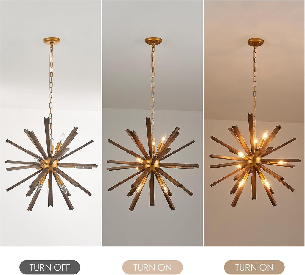 9-Light Wood Sputnik Chandelier for Entryway, Gold Dining Room Light Fixture, Farmhouse Pendant Light Fixture for Bedroom Kitchen Foyer Living Room