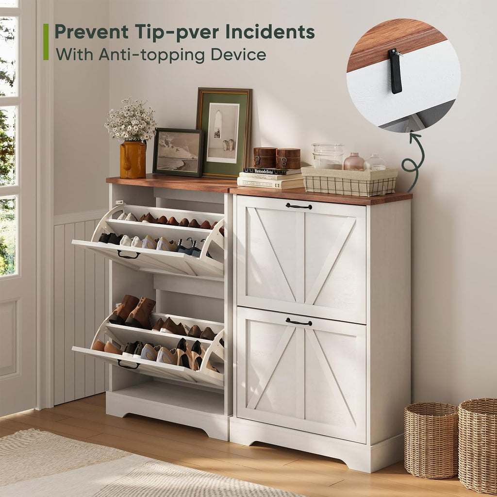 Shoe Cabinet, Shoe Storage Cabinet with 2 Flip Drawers, Narrow Farmhouse Shoe Organizer Cabinet, Slim Shoe Rack