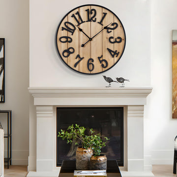 Large Wall Clock 16IN, Silent Metal Wood Style Wall Clocks Battery Operated Decor, Farmhouse Big wall Clock, Outdoor