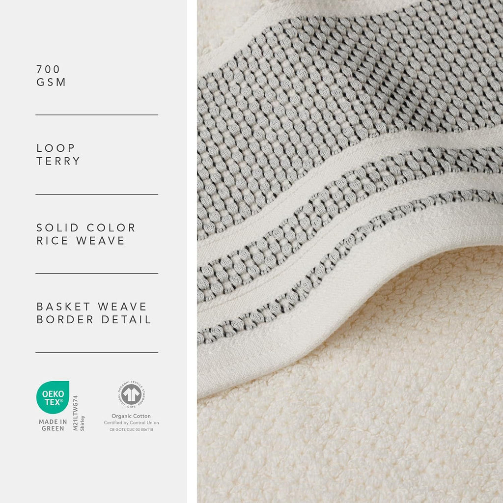 100% Organic Cotton Rice Weave Jacquard 700 GSM Luxury Bath Towel Set - 2 Large Bath Towels, 2 Hand Towels