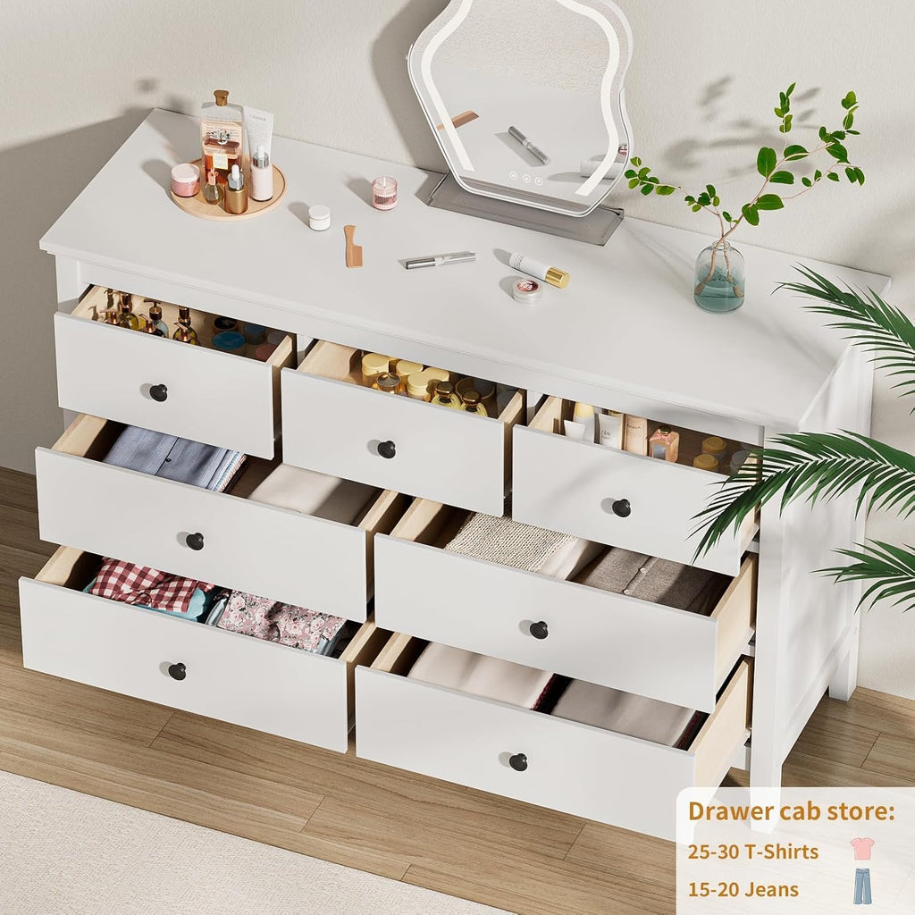 White Dresser , 7 Drawer Dresser with Wide Drawers and Metal Handles, Wood Dressers & Chests of Drawers for Hallyway