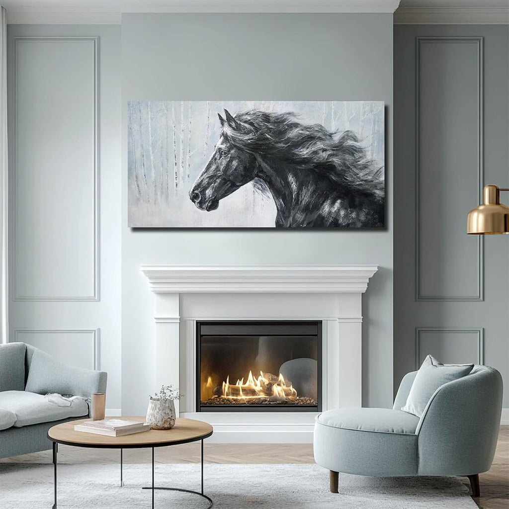 Extra Wide Panoramic Horse Canvas Wall Art, Black and White Equine Portrait Artwork, Misty Birch Forest, Rustic