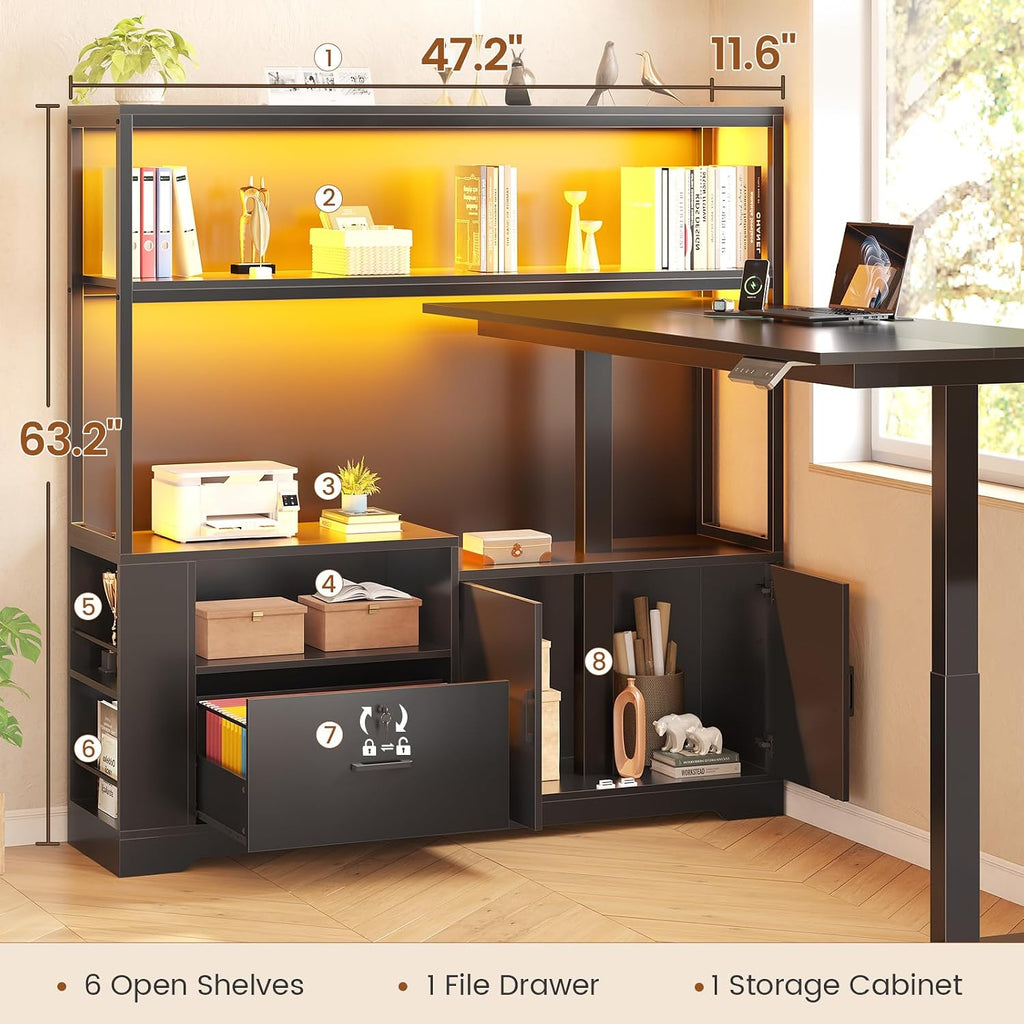 57" L Shaped Standing Desk, Sit Stand Office Desk with Storage Hutch | Black Reversible Stand Up Corner Gaming Desk