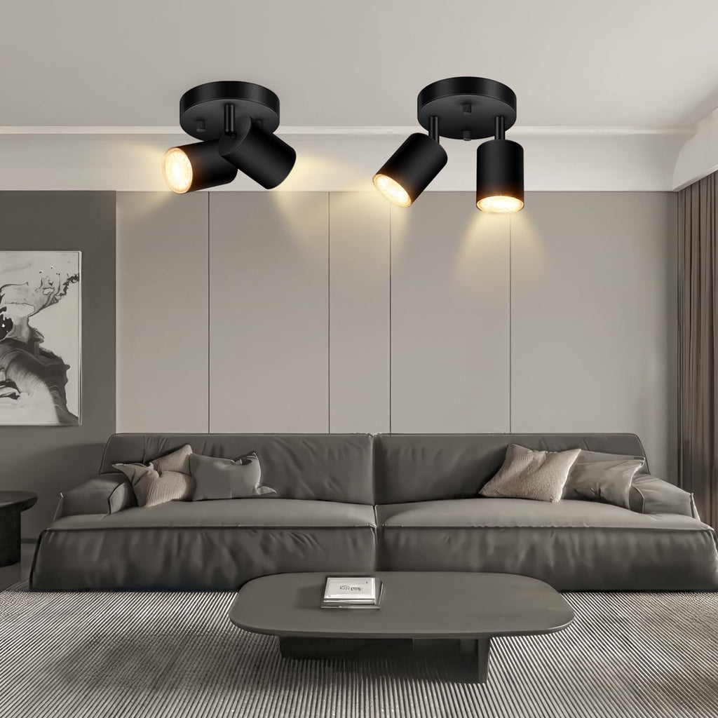 2 Light Track Lighting Fixtures Ceiling, Matte Black Round Directional Ceiling Spotlight, GU10 Flush Mount Track
