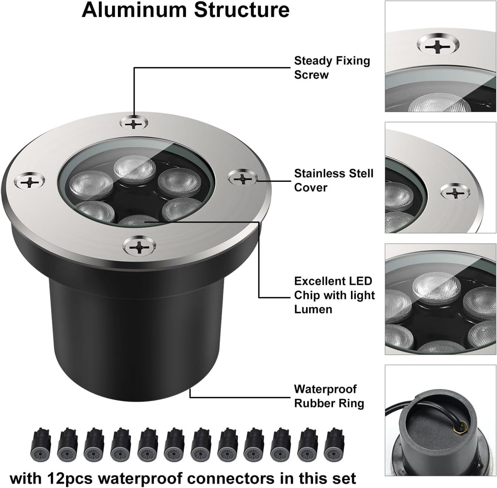 Outdoor Landscape Lights, Low Voltage In Ground Well Lights, 6 Pack | 3000K Warm White, 6W LED, 12V/24V, IP67
