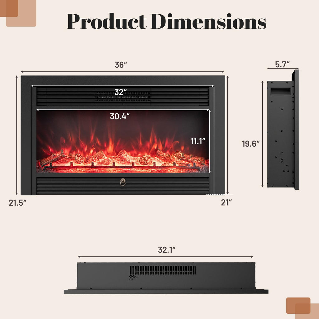 36" Electric Fireplace Insert, Wall Recessed/Mounted, Freestanding Fireplace with Remote Control, 3 Color Adjustable