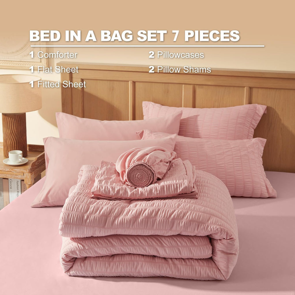 Comforter Sets 7 Pieces, Pink Seersucker Bed in a Bag Set, All Season Luxury Bedding Sets with Comforter
