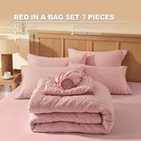 Full Comforter Sets 7 Pieces, Pink Seersucker Bed in a Bag Set Full, All Season Luxury Bedding Sets with Comforter
