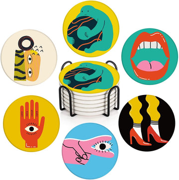 Coasters for Drinks, Set of 6, Ceramic Stone, Colorful Geometric