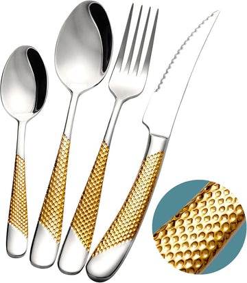 16-Piece Hammered Silver Gold Silverware Set, Modern Golden 18/10 Stainless Steel Flatware Set