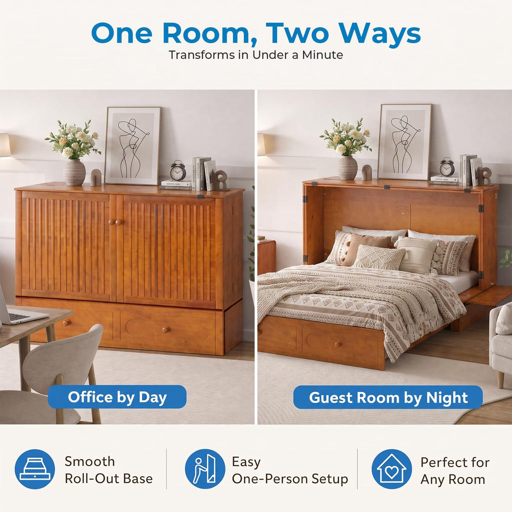 Queen Murphy Bed Cabinet with Tri-Fold Mattress Included, Storage & Charging Station & Headboard Side Panel, 63"W