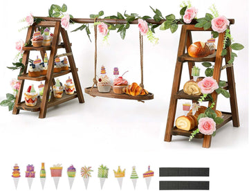 Wooden Cupcake Stand, 3 Tier Dessert Display Serving Tray with Swing and Flower Decoration, Foldable Tiered Ladders