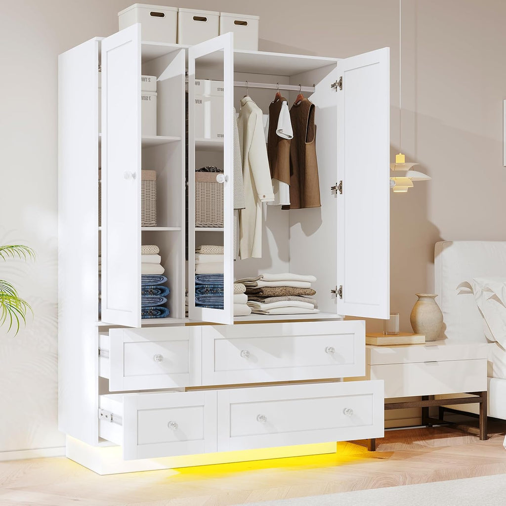 Wardrobe Closet with 3 Doors Bedroom Armoire with Mirror & 4 Drawers | Large Capacity Storage Closet with LED Light