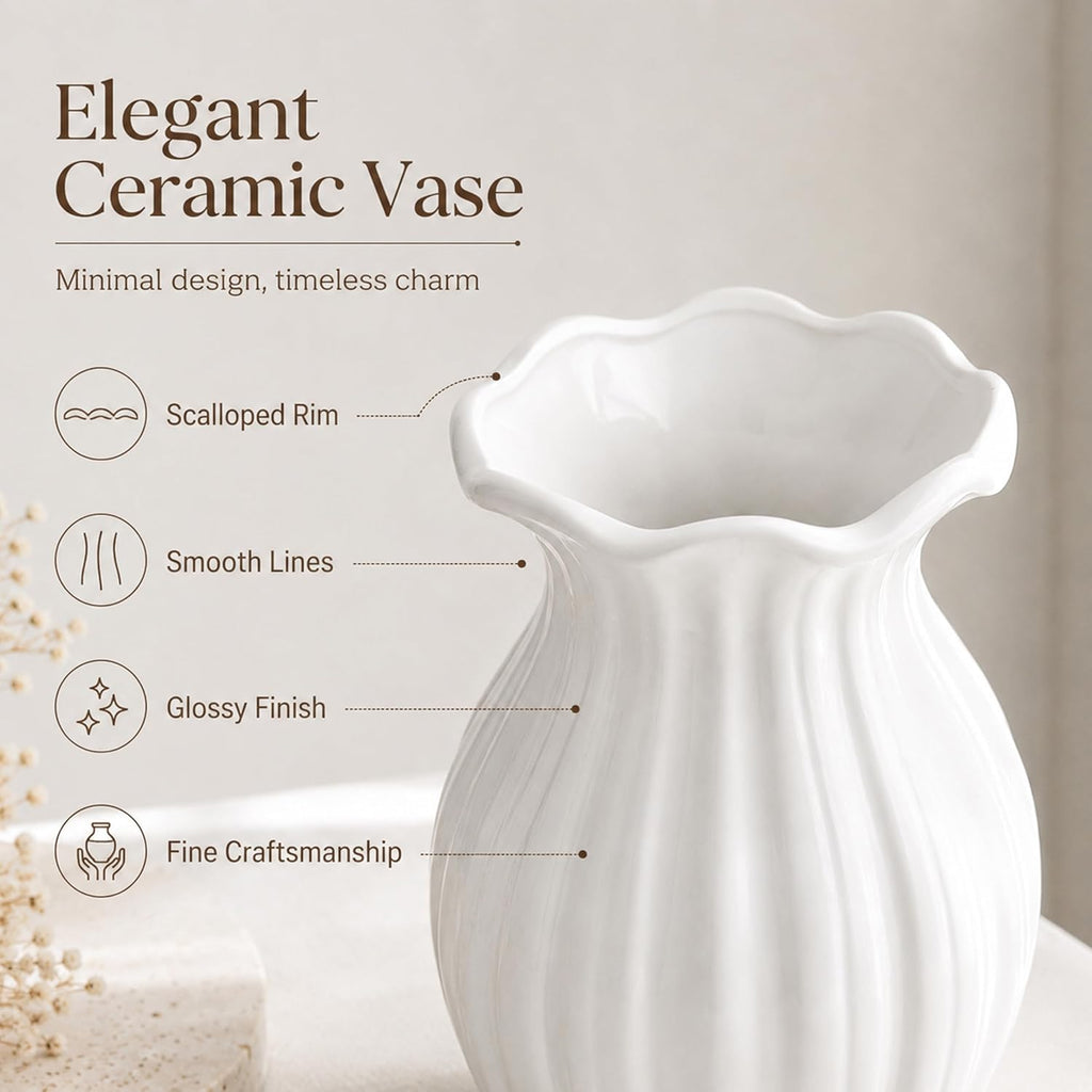 White Ceramic Vase, 7.8 Inch Farmhouse Flower Vase
