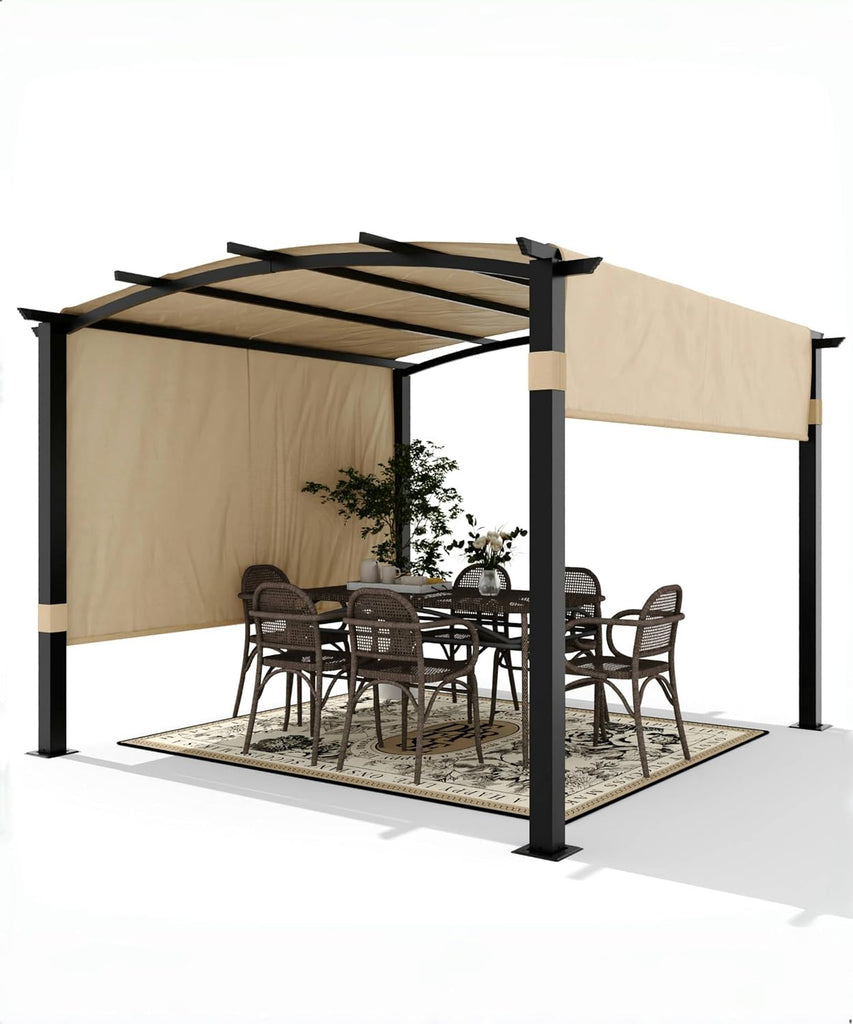 10 x 10 ft Outdoor Arched Pergola, Metal Pergola with Retractable Canopy, Arched Style Gazebos for Backyard