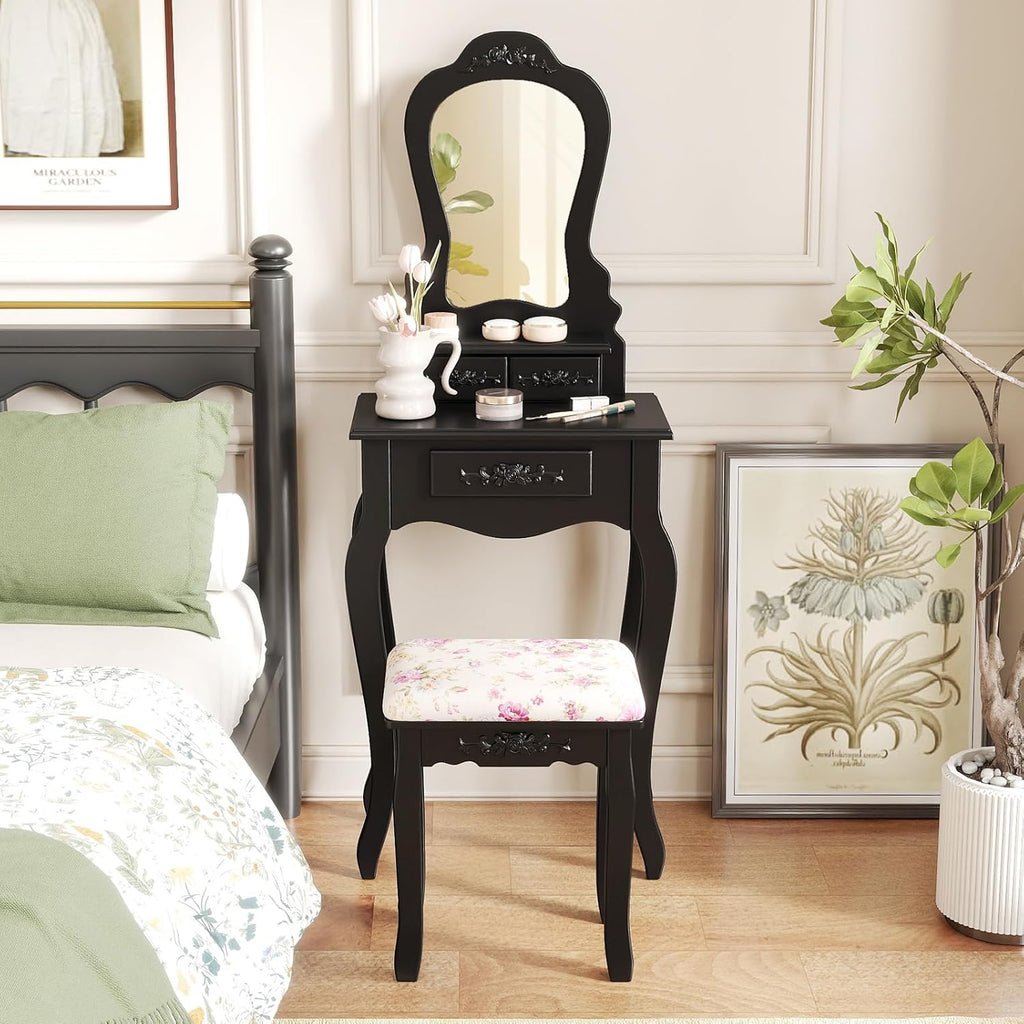 Small Vanity Desk Set, Black Makeup Vanity Table with Mirror, Cushioned Stool, 3 Storage Drawers, 20 inch Girls