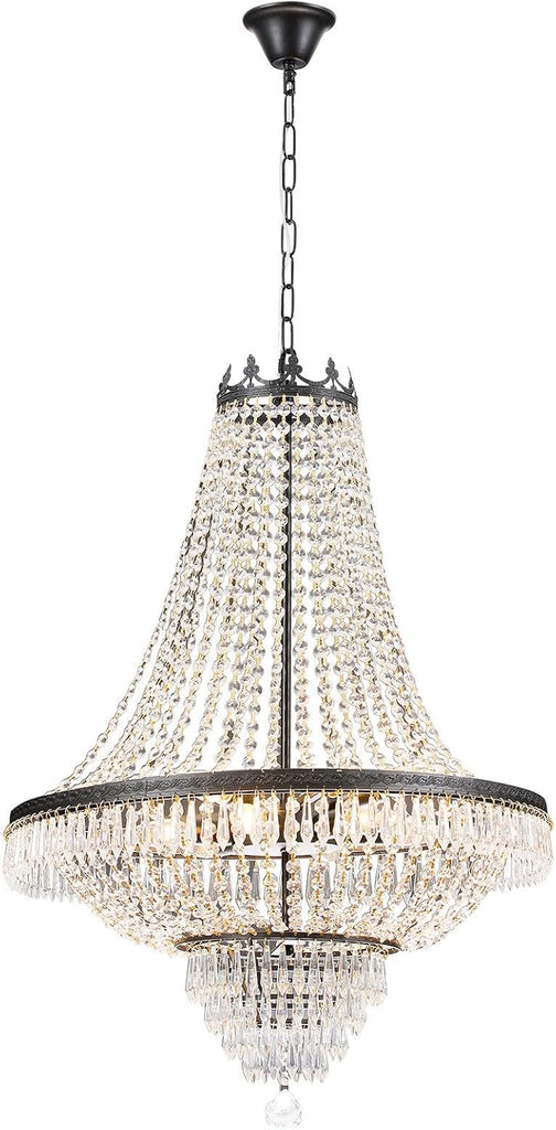 Crystal Chandelier, 9-Light French Empire Country Foyer Chandelier Pendant, Hanging Ceiling Lighting Fixture for Dining Living Room Bedroom Kitchen, W 24'' x H 30'', Black A108-B0BJFB5D36