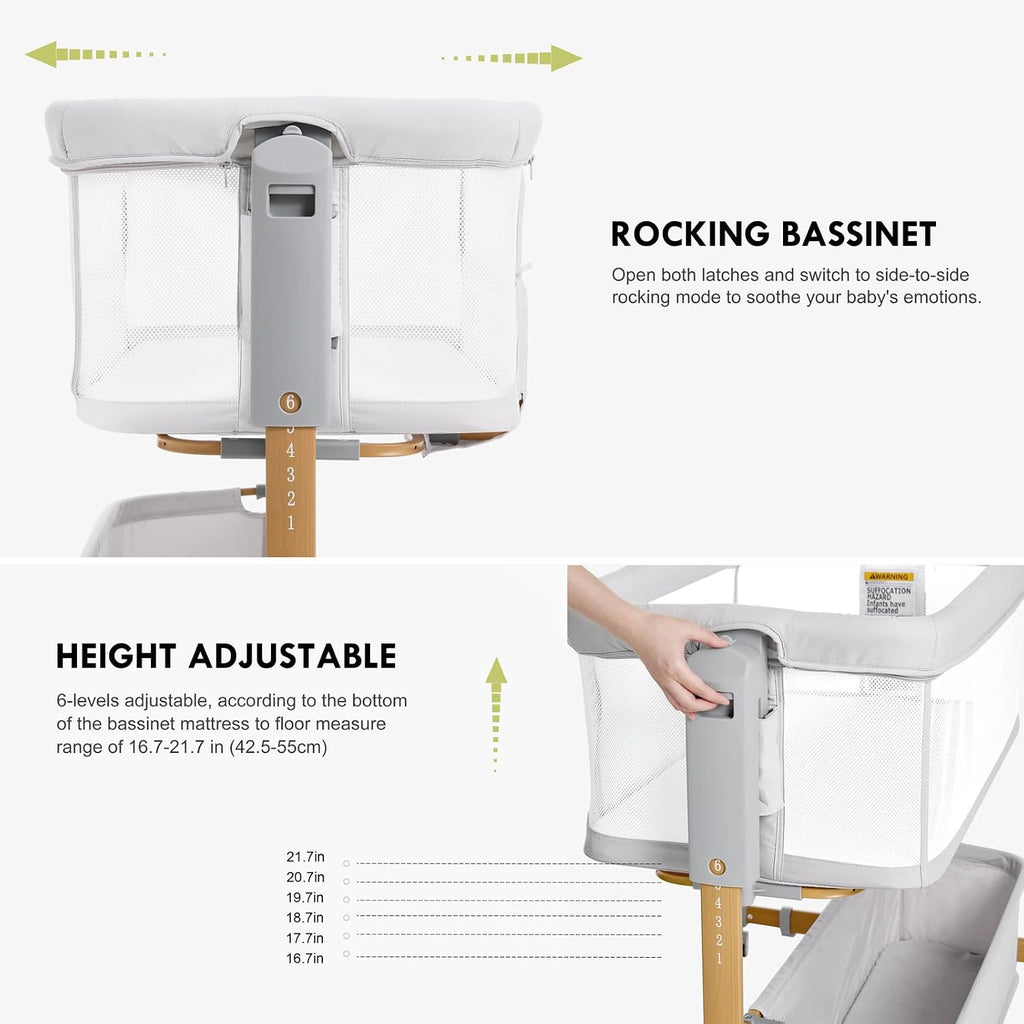 Bassinet Bedside Sleeper, 3-in-1 Rocking Bassinet for Baby with 6-Level Height Adjustable, 4 Wheels & Breathable Mesh