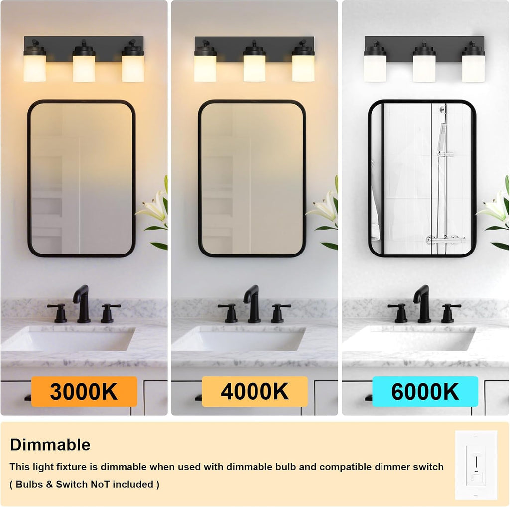 Bathroom Vanity Light Fixture, 3-Light 22 Inch Matte Black Bathroom Light Fixtures Over Mirror, with White Glass