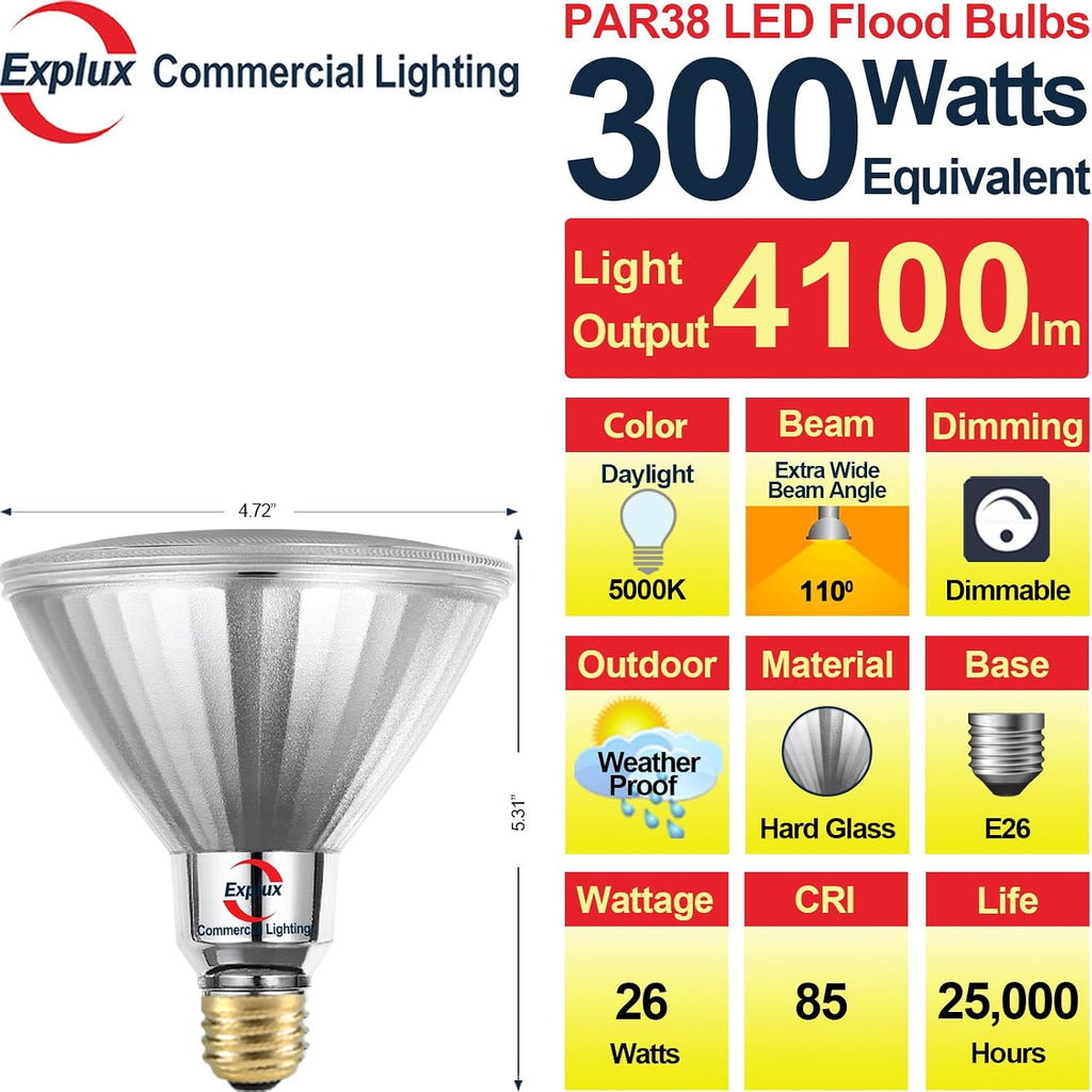 Ultra Bright PAR38 Outdoor Flood Light, 300W Equivalent, 5000K, 2-Pk | Dimmable, Best-in-Class 4100 Lumens, Full