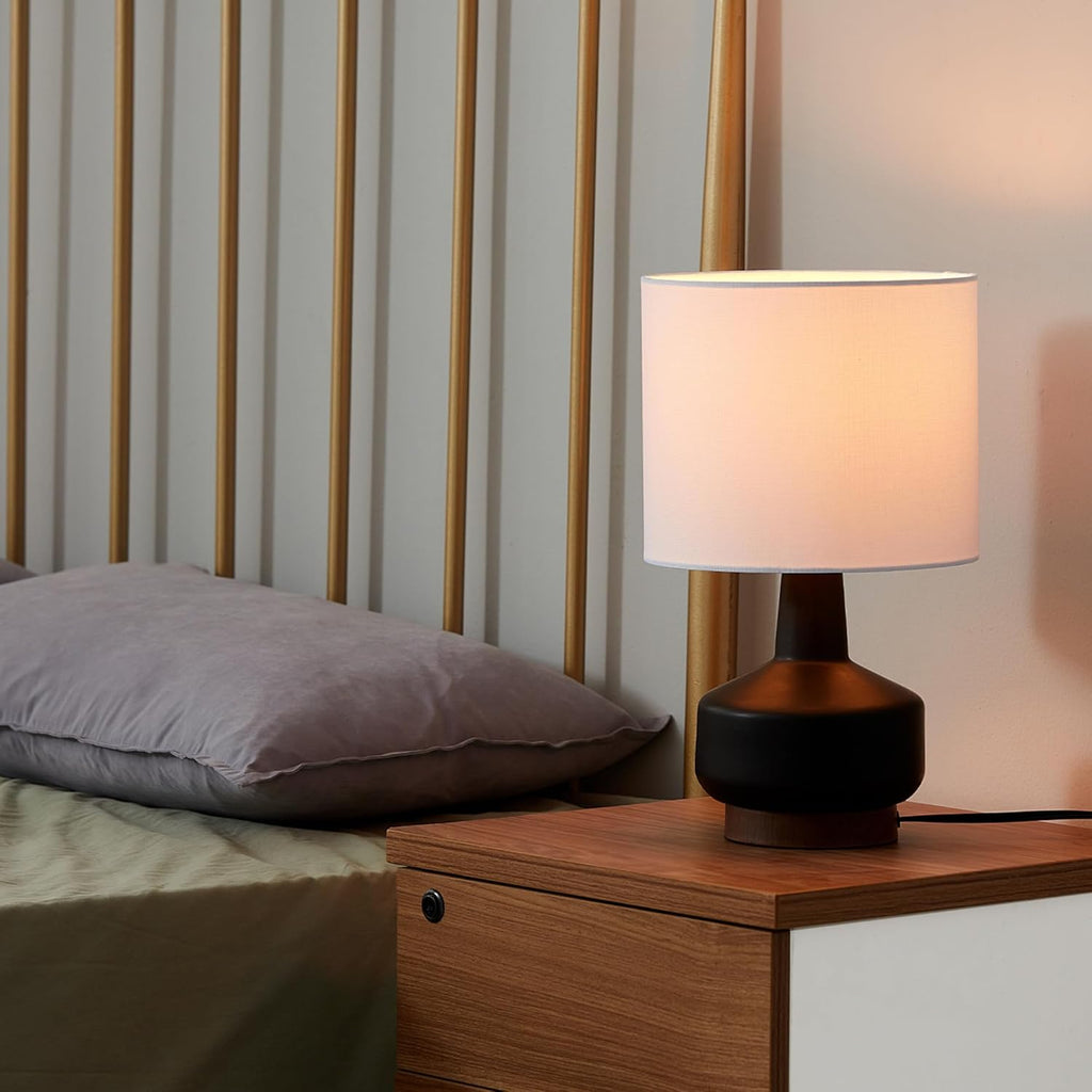 15" Ceramic Table Lamp, Matte Black Base, Wood-Toned Accent, White Linen Shade, Dual Rotary Switch