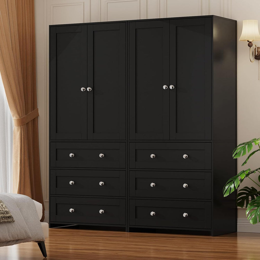 71" Tall Armoire Wardrobe Closet with Drawers and Mirror | Clothing Storage Cabinet with Hanging Rod, 2 Doors Wooden