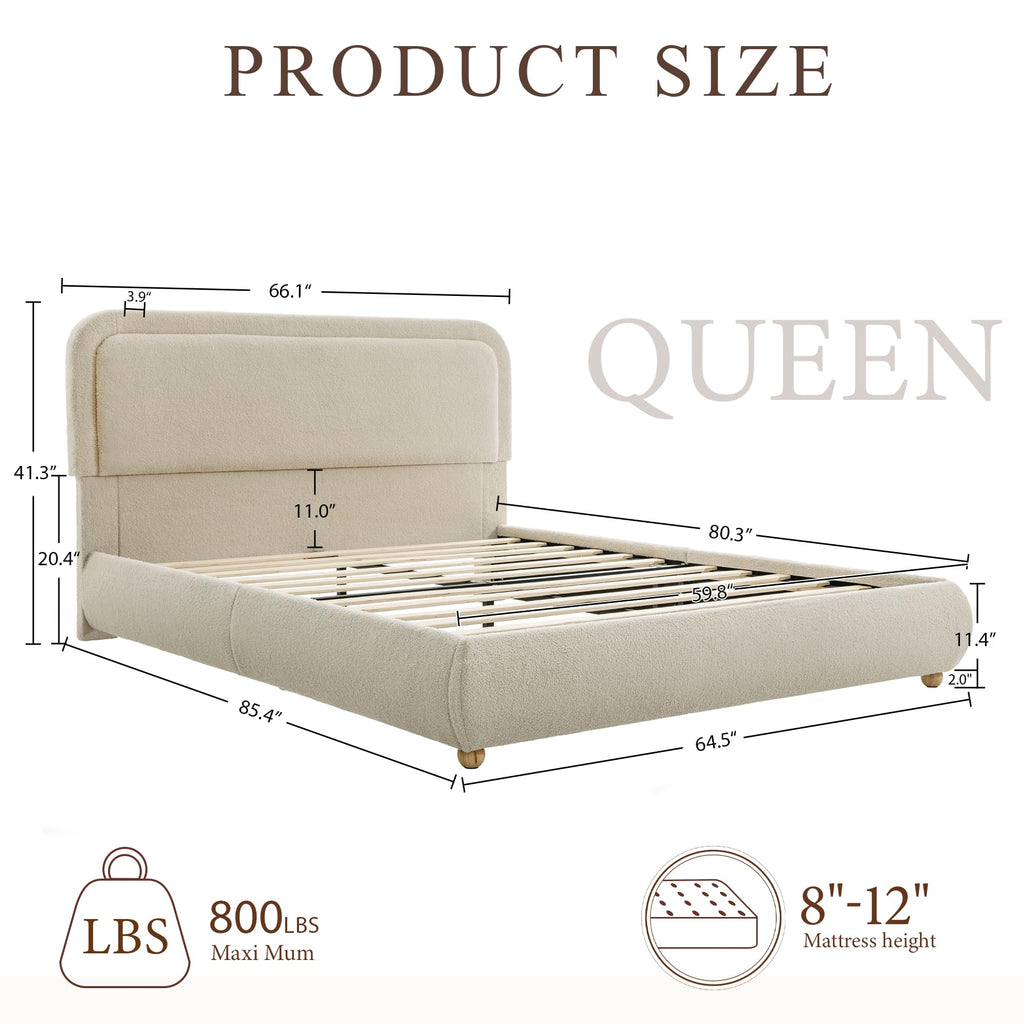 Cloud Queen Size Bed Frame with Headboard, Solid Wood Legs, Khaki
