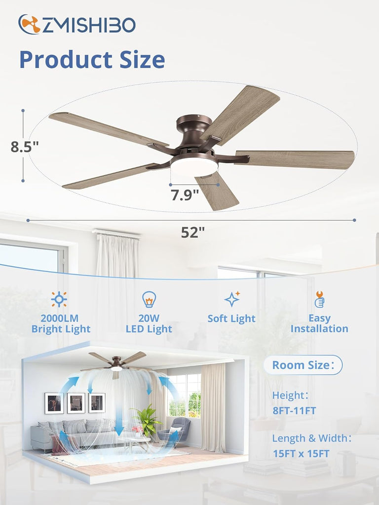 52 Inch Ceiling Fan with Light, App&Remote Control, Flush Mount Low Profile, Dimmable 20W LED Light, Quiet Reversible Motor for Bedroom, Living Room, Apartment, Brown
