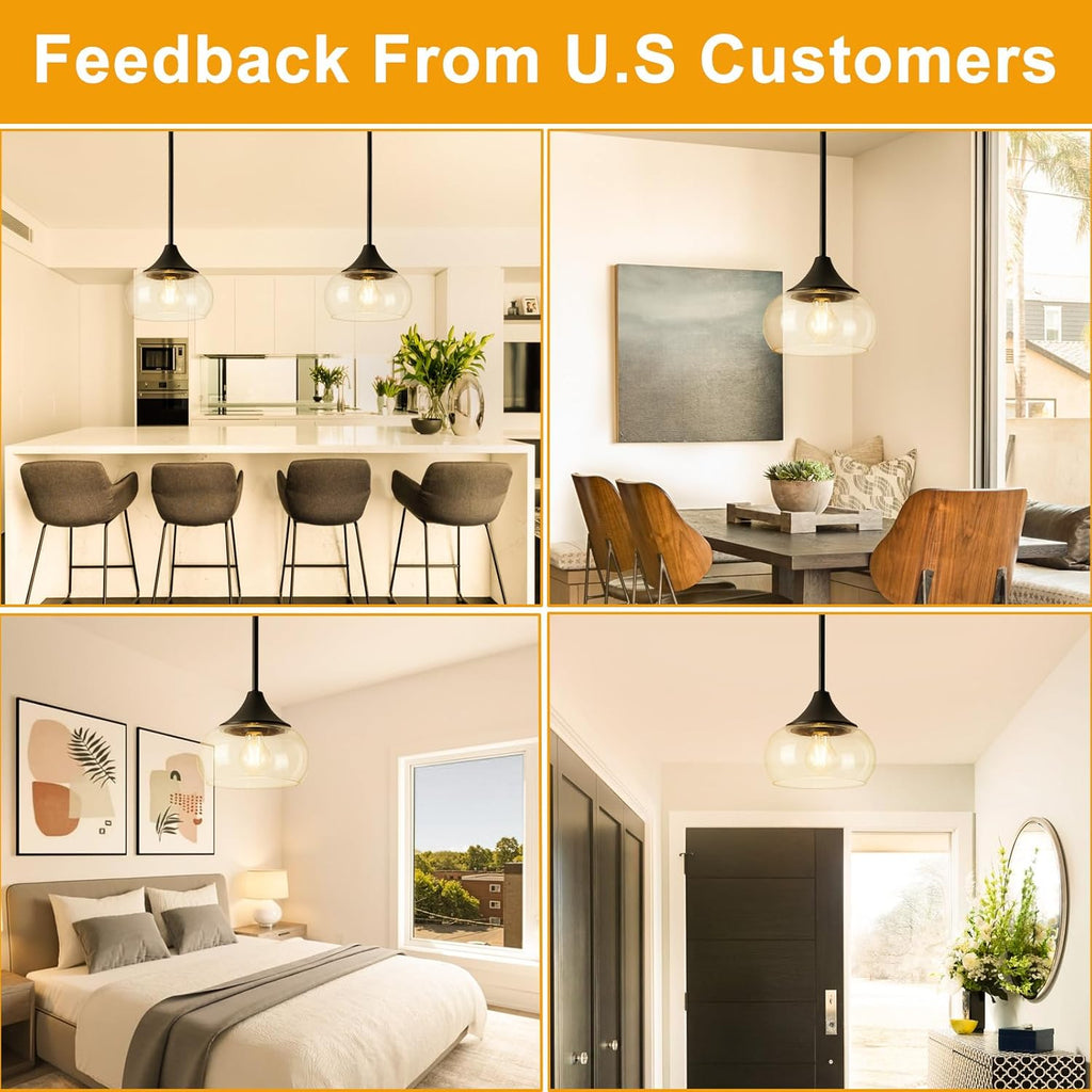 Modern Pendant Lights for Kitchen Island, Black Pendant Light Fixtures with 8.5" Clear Glass Shade, Industrial