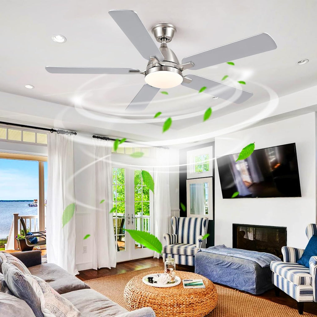 Ceiling Fans with Lights, 52 Inch Low Profile Ceiling Fan with Light and Remote Control,Reversible, 3CCT, Dimmable, Quiet, Brushed Nickel Ceiling Fan for Bedroom Indoor/Outdoor Use