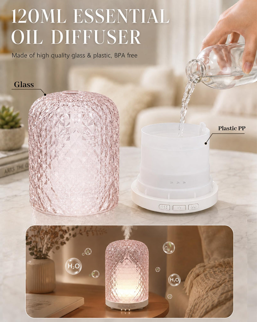 Pink Glass Essential Oil Diffuser with Pulse/Continuous Mist