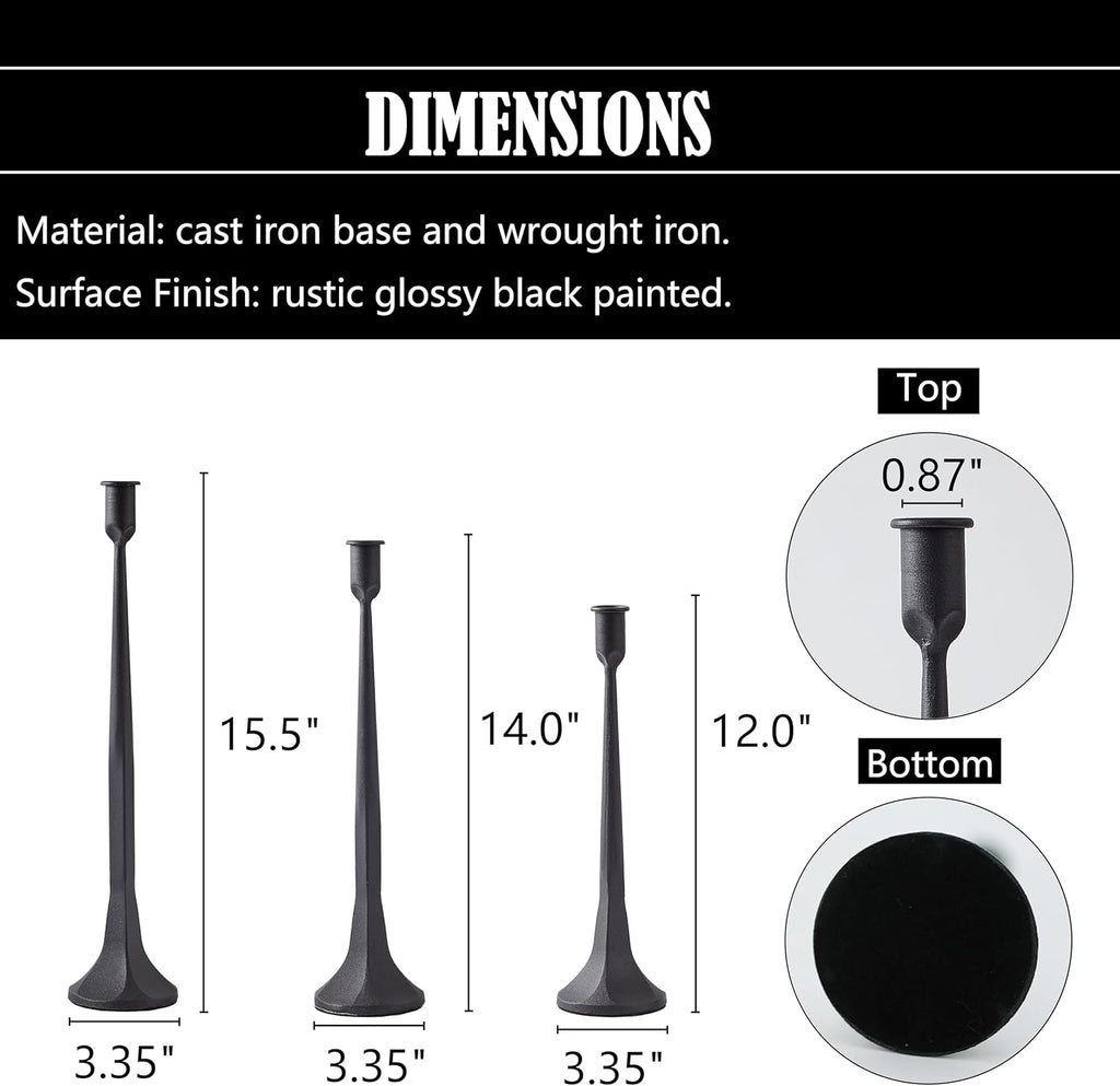Iron Taper Candle Holder Set of 3, Black Candlestick Holders Decorative Candle Stand, Tapered Candle Holders Tall Set