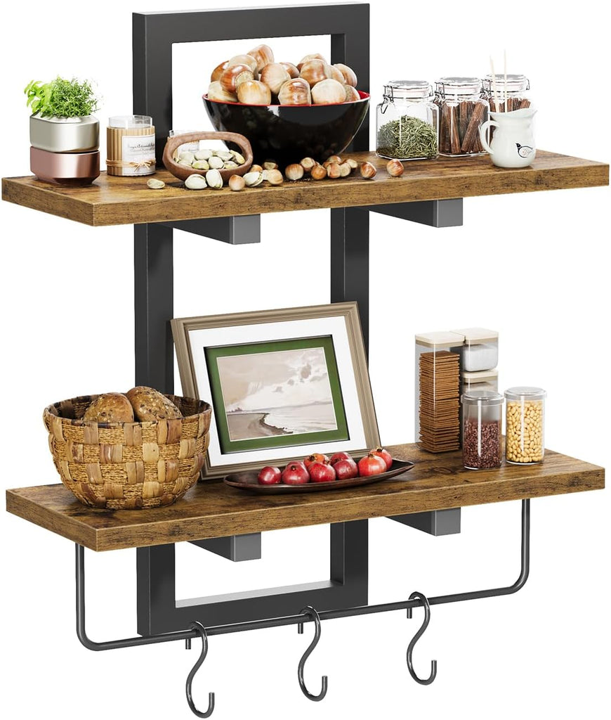 Floating Shelves for Wall Set of 2, Wood Wall Shelf with 6 Hooks, 2 Tier Hanging Decorative Storage Shelves Bedroom
