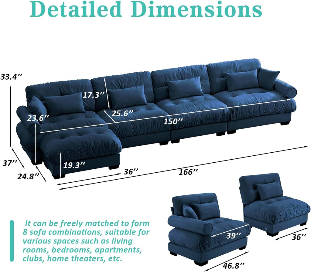 Sectional Couches , L Shaped Sofa Couch with Velvet Fabric, 4 Seat Modern Sofa with Ottoman, Removable Pillows , Blue