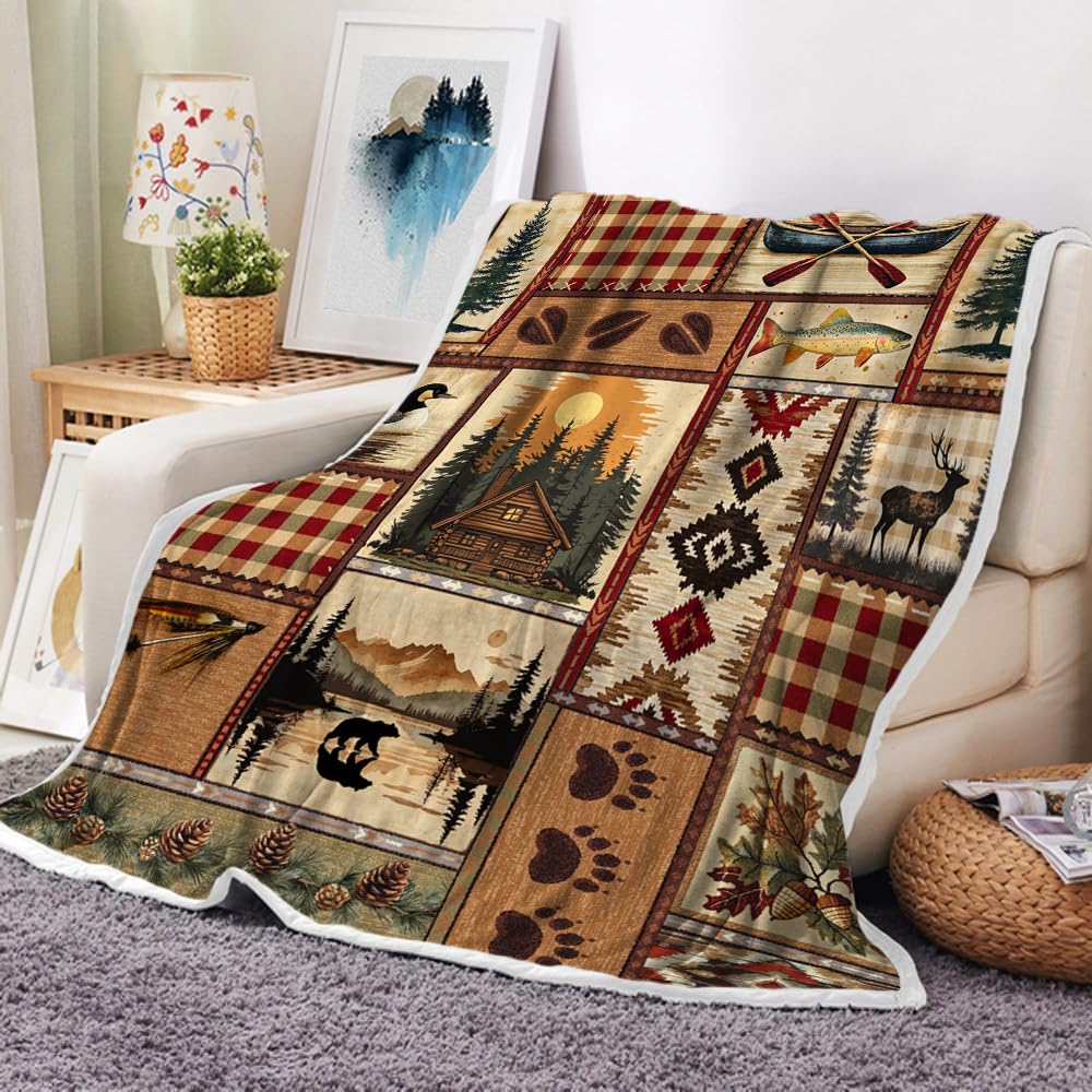 Rustic Cabin Blanket, Rustic Lodge Flannel Throw Blankets Bear Deer Country Hunting Wild Animal Cozy Warm Bed Couch