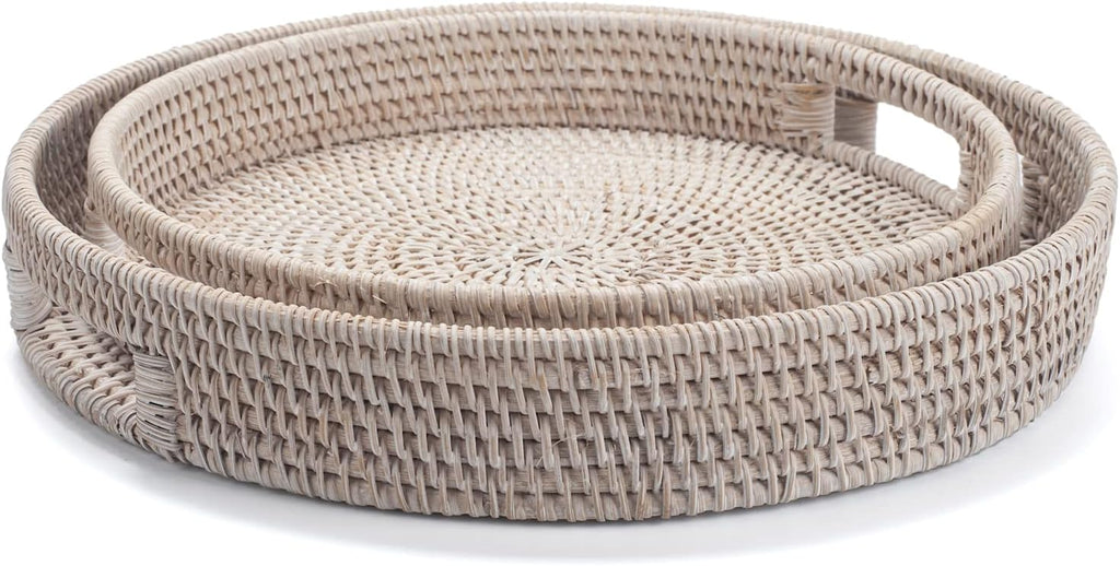13.8 inch Round Rattan Tray, Decorative Coffee Table Tray, Ottoman Tray, Woven Serving Tray with Handles, Wicker