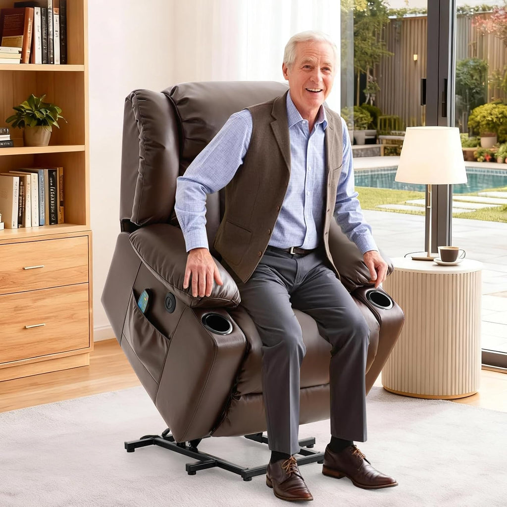 Power Lift Recliner Chair for Elderly & Seniors, Breathable Leather Electric Recliner with Vibration Massage & Lumbar