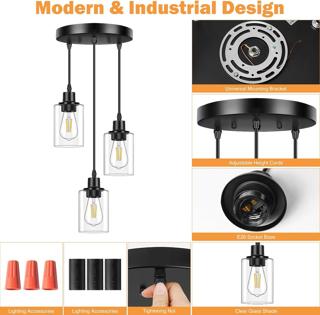 3-Light Pendant Light Fixtures, Black Pendant Lights Kitchen Island, Adjustable Pendant Lighting with Clear Glass