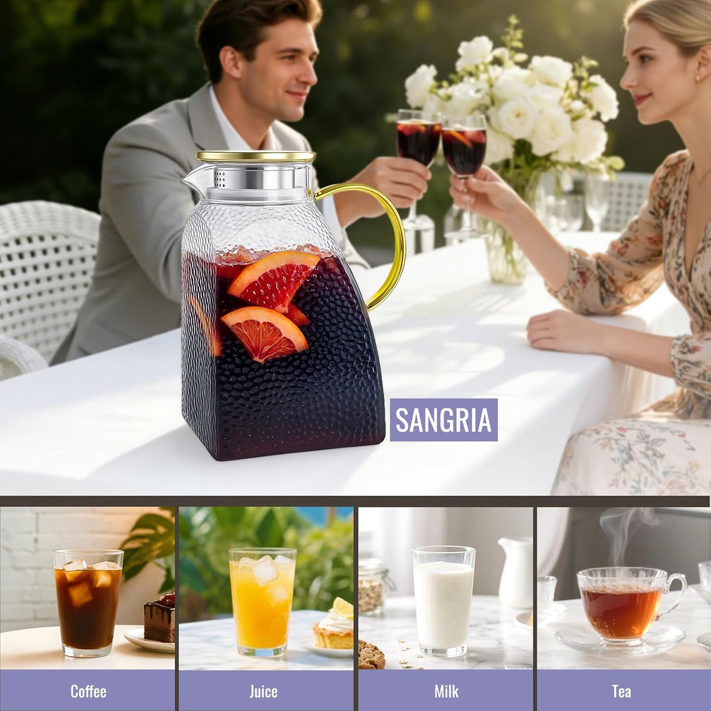 Glass Pitcher With Lid and Spout, 1.8 Liter 60 oz Glass Pitchers With Handle And Lid, Jug Water Pitchers For Fridge