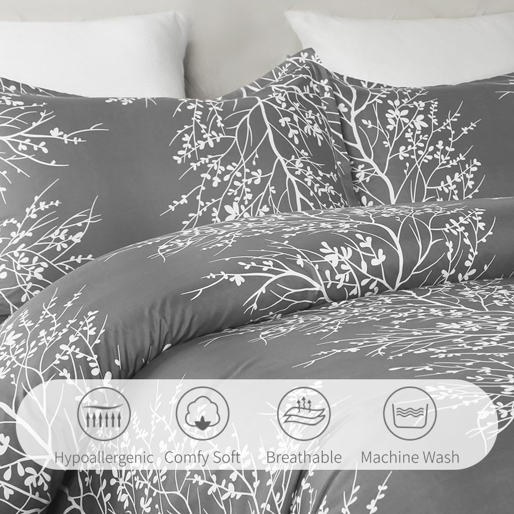 Lightweight Cooling Microfiber Duvet Cover, Grey and White Floral Branches Print Pattern All Season, 3-Piece