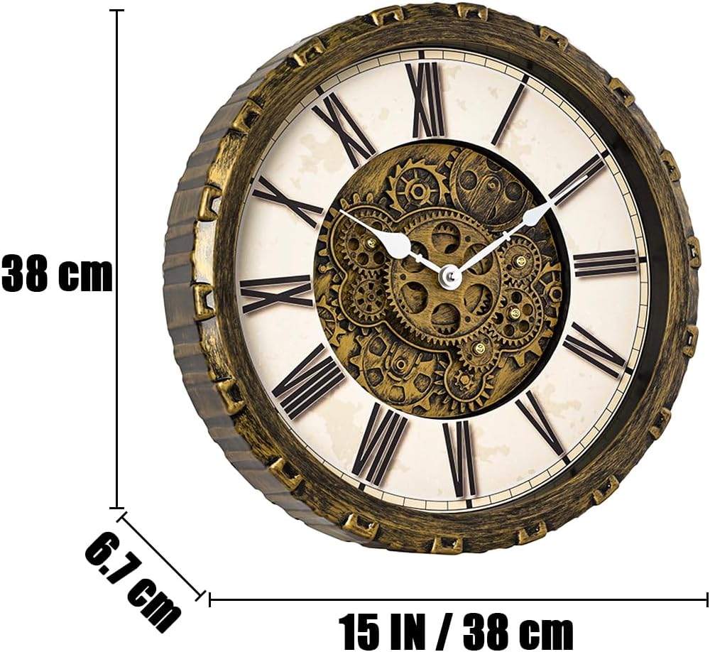 15 Inch Wall Clock with Real Moving Gears, Industrial Steampunk Vintage Wall Decor, Antique Metal Big Numeral Wall Clocks for Office...