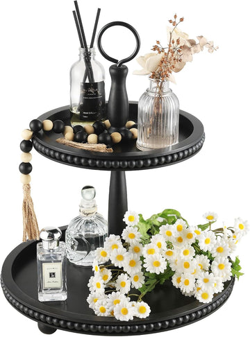 Beaded Tiered Tray Stand, Rustic Wooden 2 Tier Decorative Tray with Bead Garland, Farmhouse Round Wood Serving Tray
