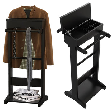 Clothes Valet Stand for Men, Wooden Suit Rack with Flip Tray & Coat Hanger