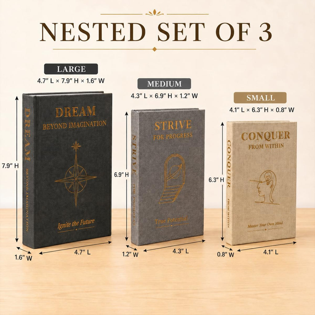 Coffee Table Books Decor, Set of 3 Neutral Linen Decorative Books with Gold Foil Inspirational Quotes for Desk