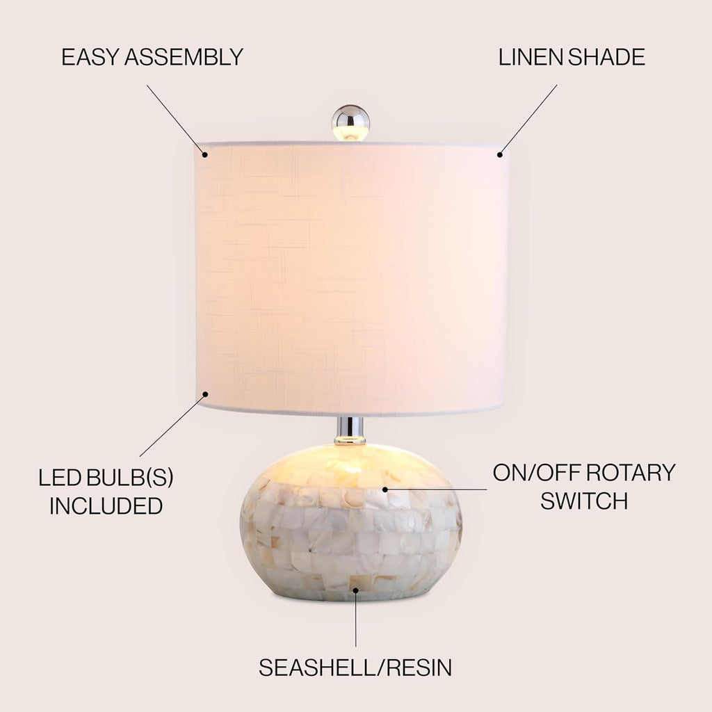 16" Coastal Capiz Shell Mosaic Table Lamp Living Room, White Linen Shade, Transitional Cottage Nightstand Lamp
