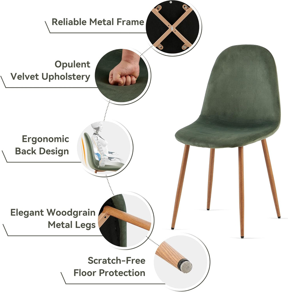 Dining Chairs Set of 4, Mid Century Modern Green Velvet Upholstered Fabric Kitchen Chairs with Backrest & Metal