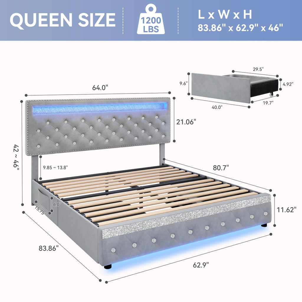 Queen LED Bed Frame with Adjustable Headboard & Drawers, Grey Velvet